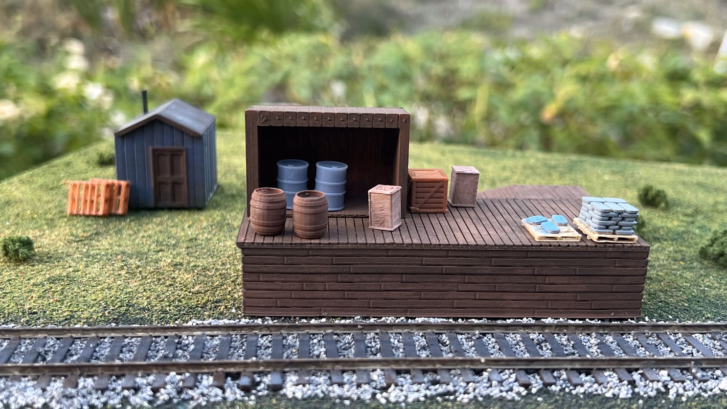 Photo of an HO Scale 3D printed model of a rural freight station for a model railroad
