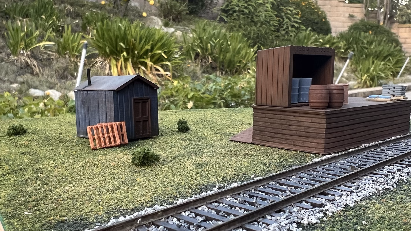 Photo of an HO Scale 3D printed model of a rural freight station for a model railroad