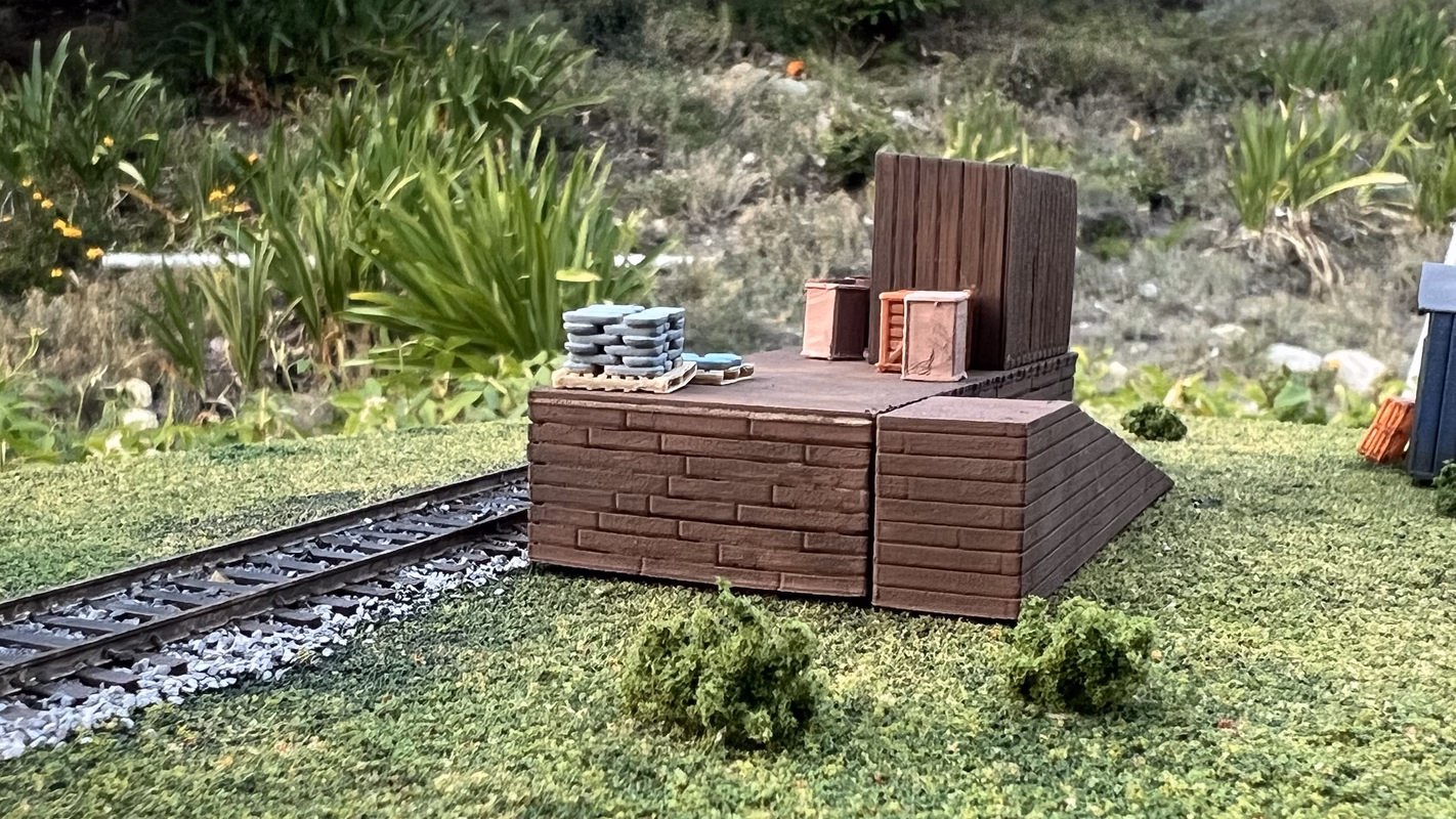 Photo of an HO Scale 3D printed model of a rural freight station for a model railroad