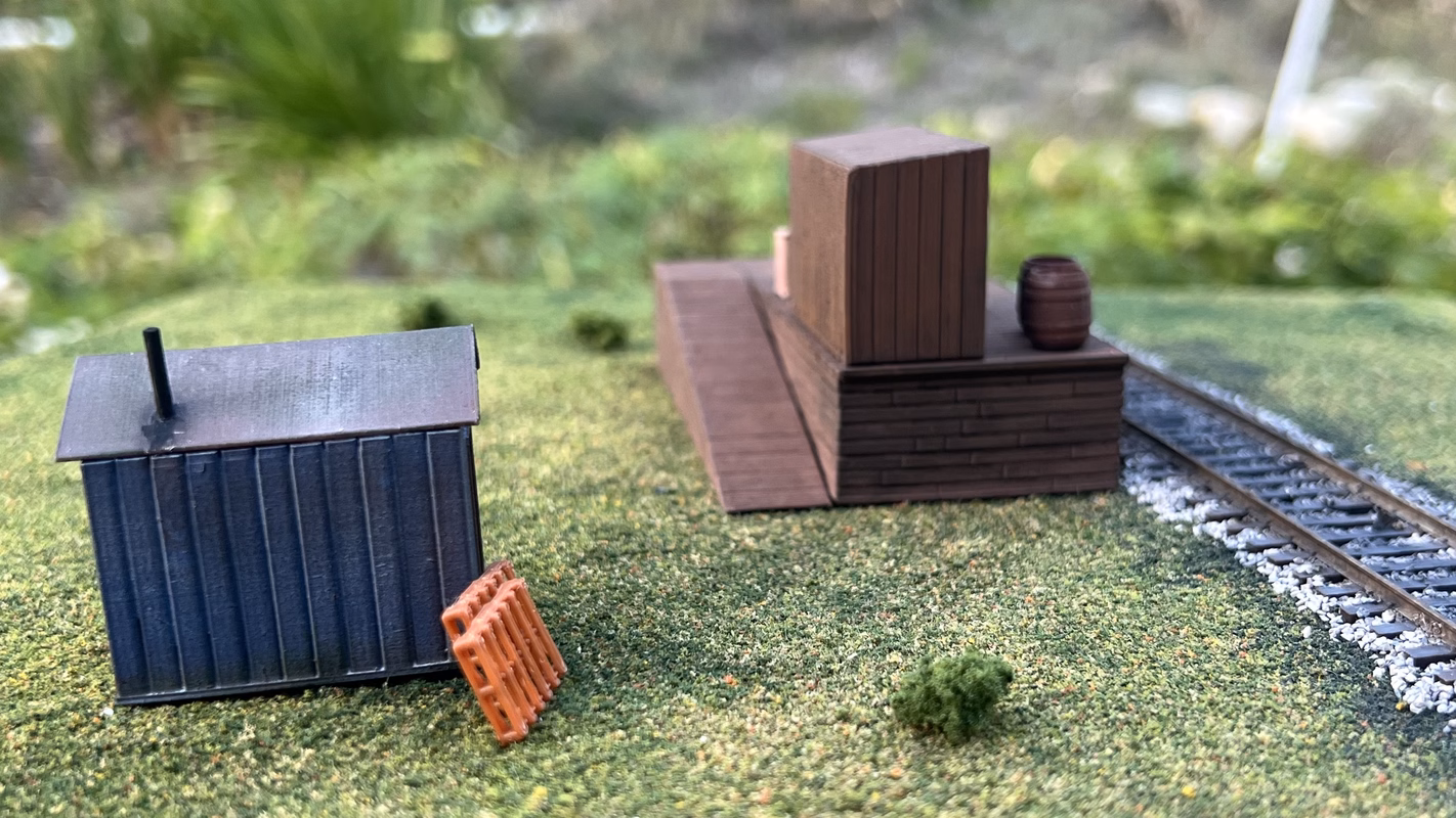 Photo of an HO Scale 3D printed model of a rural freight station for a model railroad