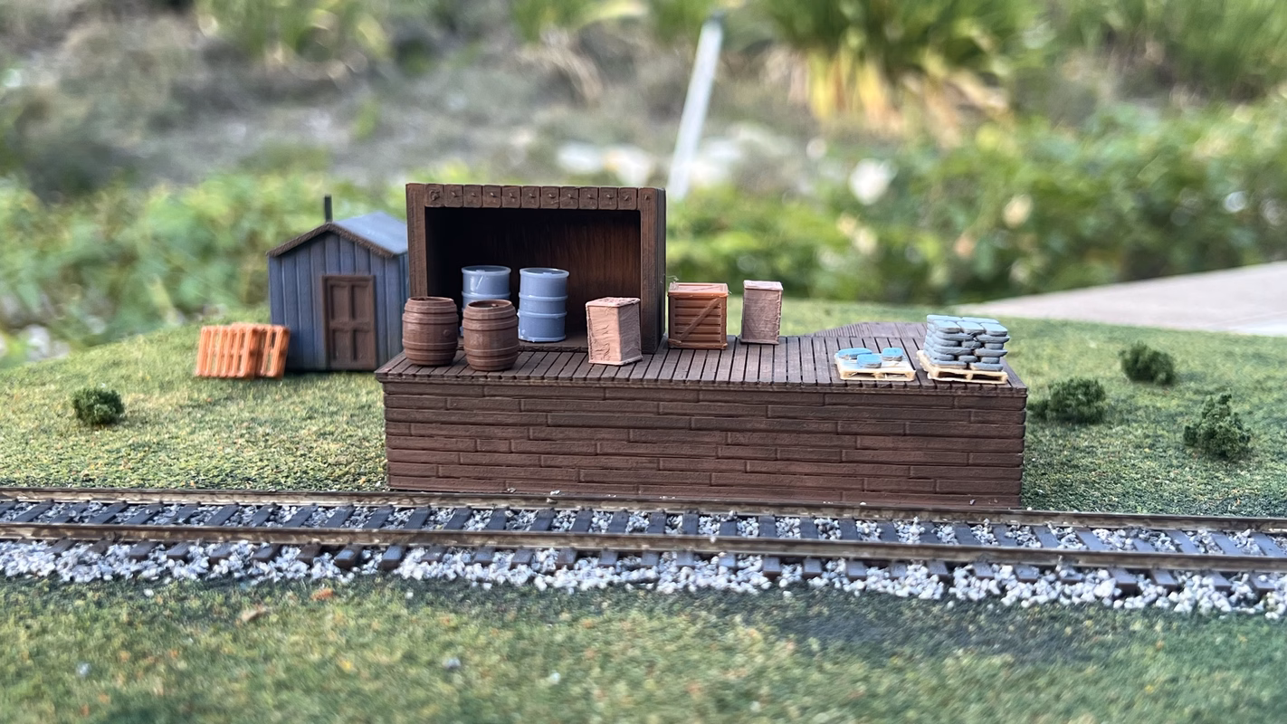 Photo of an HO Scale 3D printed model of a rural freight station for a model railroad