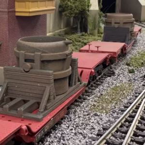 HO Scale 3D Printed Steel Mill Ladle on depressed center flat car - customer layout photo - painted