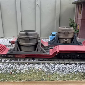 HO Scale 3D Printed Steel Mill Ladle on depressed center flat car - customer layout photo - weathered