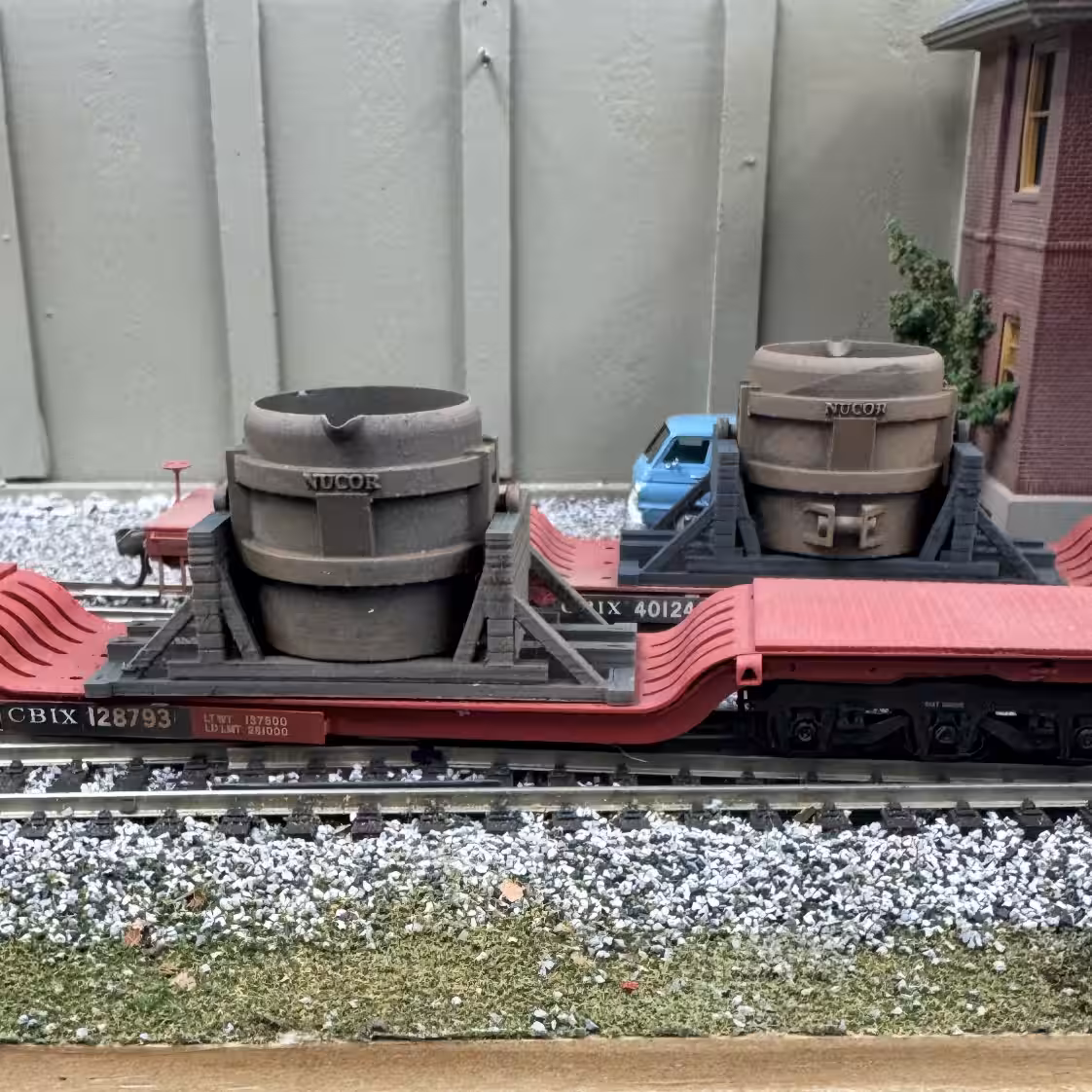 HO Scale 3D Printed Steel Mill Ladle on depressed center flat car - customer layout photo - weathered